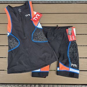 TYR Women Black/Coral/blue Triathlon Trisuit Tank & 6 in Padded Shorts Sz S New